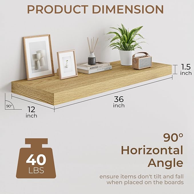 RICHFOCUS Deep Floating Shelves for Wall 2 Pack 12" D 36 Inch Wall Shelves for Room Wall|Wood Hanging Shelf with Invisible Brackets for Bathroom Bedroom Kitchen Laundry Room, Oak