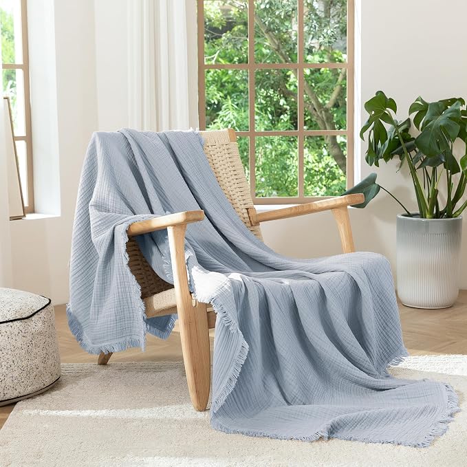 MooMee Muslin Blanket - 100% Cotton 4-Layer Gauze Throw Blanket with All-Around Fringe, Soft Breathable Lightweight Cooling Summer Blankets for Bed Couch(Dusty Blue,Oversize Queen 98" x 98")