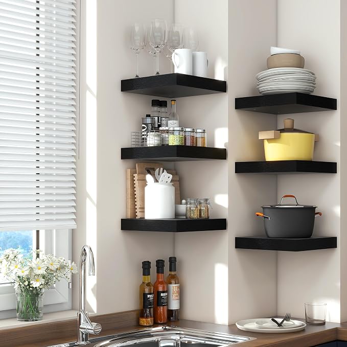 Venusmiles 12"x12" Square Floating Shelves for Wall, Black Finish, 3-Pack | Engineered Wood Wall Shelves with Invisible Brackets for Living Room, Bedroom, Bathroom, Office & Kitchen Storage