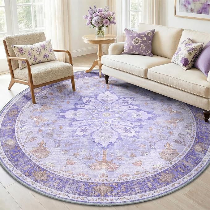 RELEANY Area Rugs 6ft Washable Non-Slip, Floral Vintage Distress Print Pattern Medallion Carpet for Living Room Bedroom Dining Room, Light Purple Brown