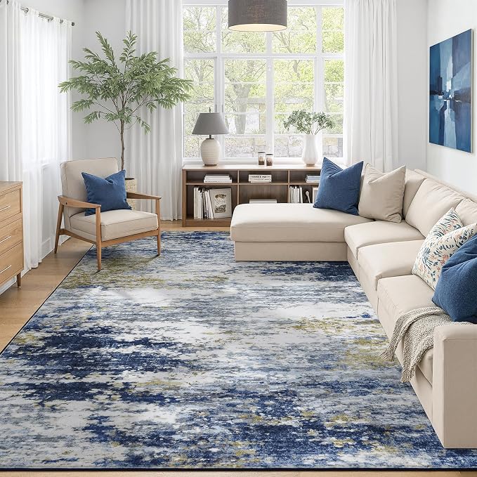 Lofus 9x12 Area Rug for Living Room,Abstract Large Rugs with Non-Slip Backing, Neutral Modern Washable Carpet for Bedroom Dining Room Home Office Nursery Indoor, Dark Blue/Brown
