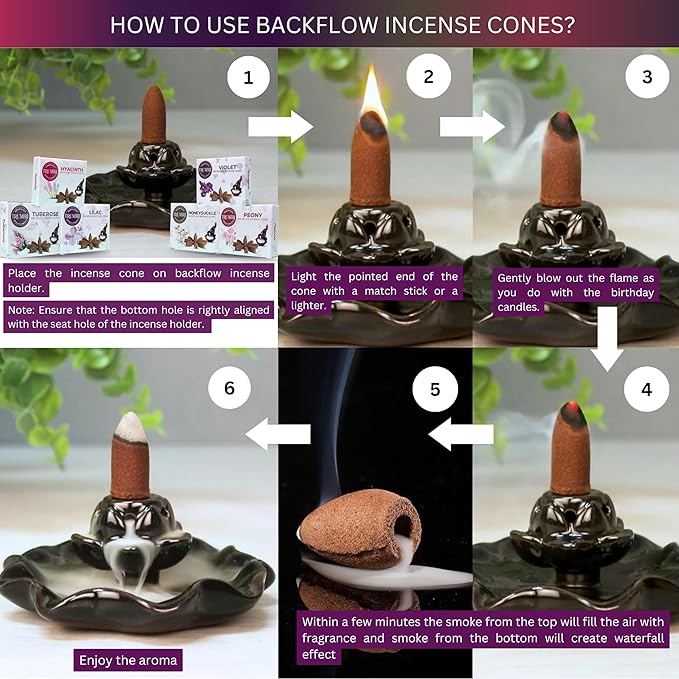 Blossom - Backflow Incense Cones for Waterfall - Scented Inscents-Cones - Peony, Lilac, Hyacinth, Tuberose, Honeysuckle, Violet - Insiensos Aromaticos - 6x10=60 Large Variety Pack