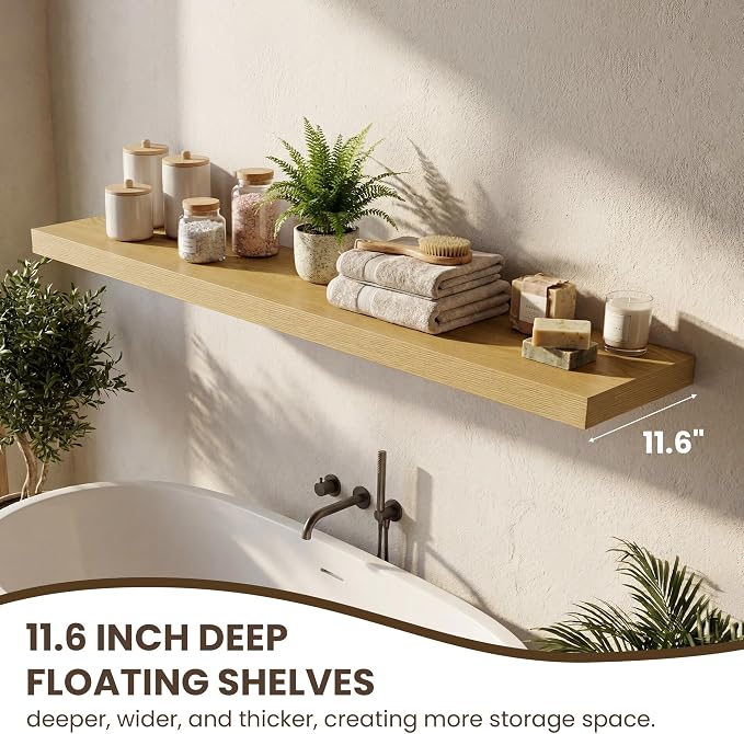 Acovy 72 Inch Long Floating Shelves for Wall Set of 2,12" Deep Wall Shelf,Large Floating Shelf with Invisible Brackets for Bedroom,Bathroom,Kitchen,Farmhouse Home Decor Display Bookshelf,Oak