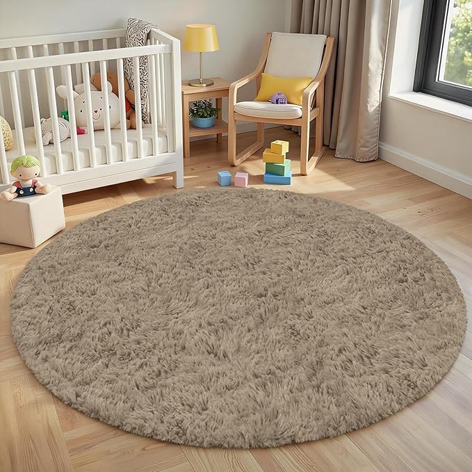 Gray Camel Round Fluffy Rug 5ft,Soft Bedroom Circle Rugs Mats for Kids Girls Nursery Room,Washable Plush Shaggy Indoor Non Slip Rug for Bedside Living Room Bedroom Circular Carpet,Home Decor Aesthetic