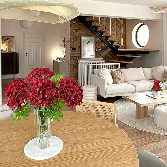 JINWOE Hydrangea Artificial Flowers, Lifelike Latex Silk Real Touch Faux Hydrangea Flowers, Artificial Hydrangeas Bouquet for Wedding Centerpieces Tables Party Home (Red)