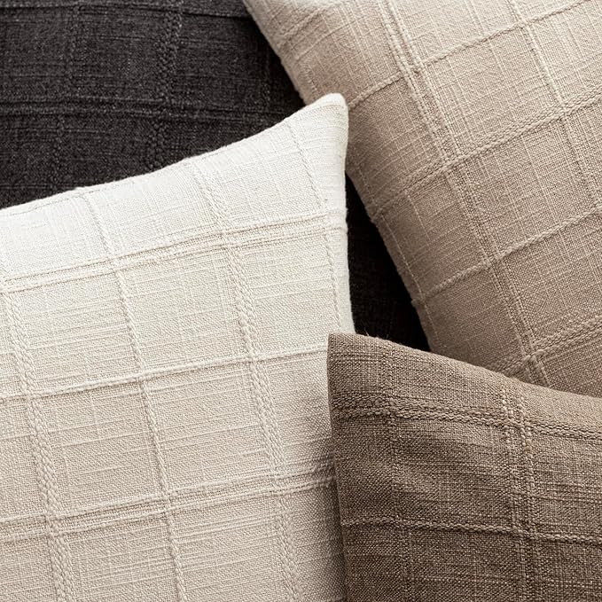 Foindtower Set of 2 Decorative Linen Check Throw Pillow Covers Neutral Farmhouse Lumbar Cushion Covers Modern Boho Home Decor for Sofa Chair Couch Bedroom Living Room,12×20 Inch,Natural Beige