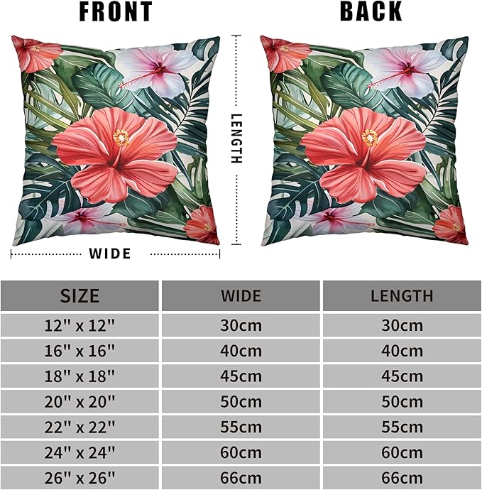 Hibiscus Flowers Pillow Covers Hawaiian Tropical Throw Pillow Covers 24x24 Set of 2 Monstera Palm Leaves Pillowcase Double Sided Printing Cushion Case for Patio Outdoor Sofa
