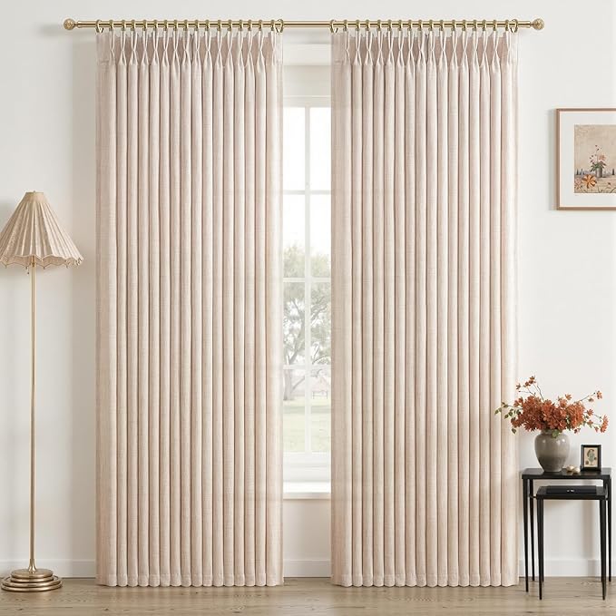 Extra Long 120 Inch Natural Linen Large Living Room Curtains 2 Panels Set, Memory Trained Pinch Pleated Semi Sheer Decorative Curtain Light Filtering Bedroom High Ceiling Windows Drapes 10FT Length