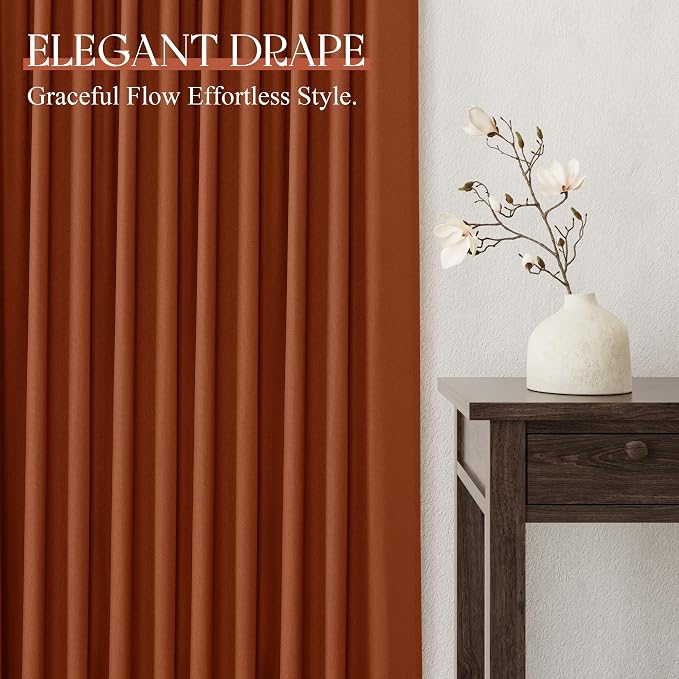 Jowels Terracotta Linen Curtains 90 Inch Long 2 Panels for Living Room | Burnt Orange Light Filtering Semi Sheer Curtain,Back Tab Pocket Pleated Look,Boho Textured Privacy Drapes for Bedroom Window