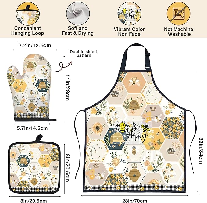 Bee Gifts for Women,8pcs Kitchen Utensils Set with Apron Oven Mitt Pot Holder - Unique Bee Bamboo Wooden Cooking Spoons Set,House Warming,Easter,Birthday,Mother's Day Gift