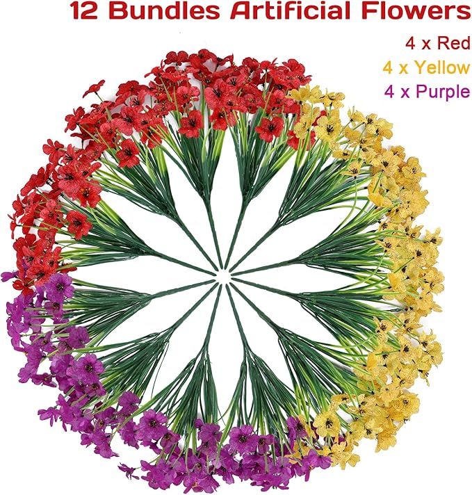 Geegoods Artificial Mums Flowers for Outdoors, 12 Bundles UV Resistant Fake Plastic Colorful Mix Flowers for Patio Porch Spring Summer Decor