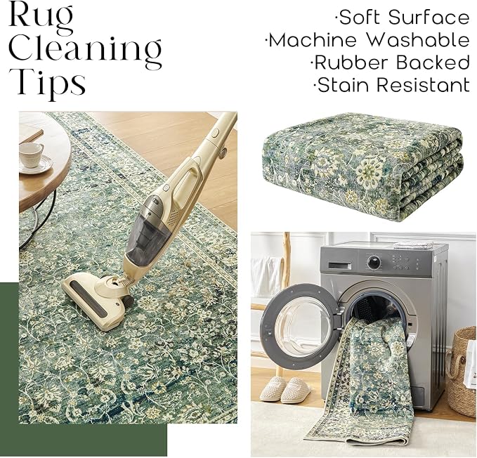 3x5 Area Rug for Entryway Indoor Low Pile Green Rugs with Washable Non Slip Boho Vintage Distressed Ultra Thin Entry Way Rugs for Kitchen Laundry Room Bathroom Inside House,3 x 5,Dark Green and Blue