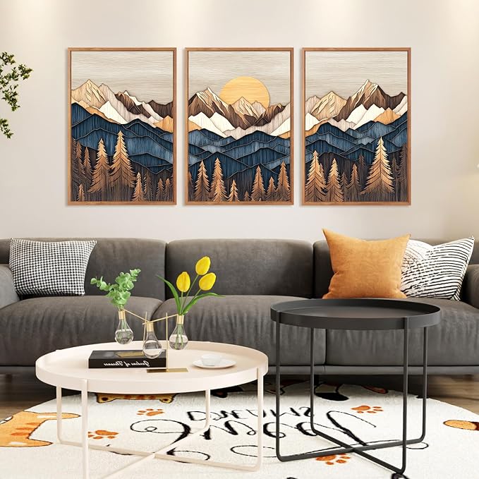 HOURIA 3Pcs Framed Boho Mountain Forest Sunrise Canvas Wall Art Set (16"x24"), Abstract Pine Tree Mountain Landscape Wall Decor, Mid Century Modern Nature Wilderness Scenery Art Print for Office Farmhouse Home