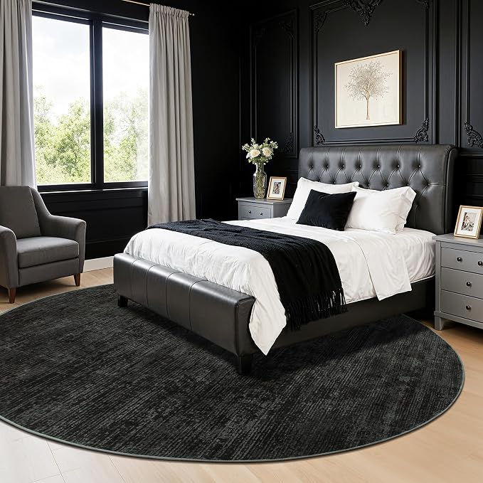 LIANLAM 8 FT Washable Rug, Black Solid Round Rugs for Living Room & Bedroom | Stain-resistant & Non-slip backing,Low Pile Washable Large Carpet, Solid Vintage Style For High Traffic Areas(8 FT,Black)