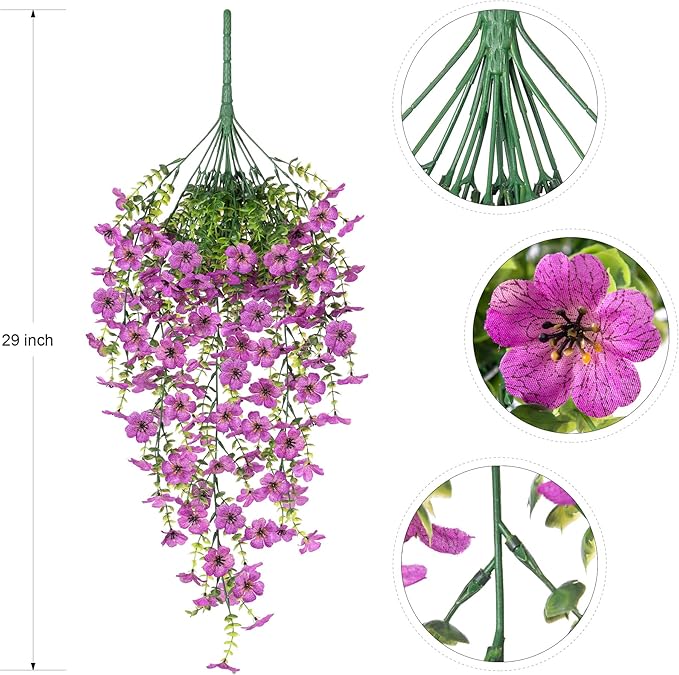 Ammyoo Artificial Hanging Flowers for Outdoors Fake Plants Decoration, 2 Packs Faux Silk Daisy Flower Realistic Outdoor Flowers UV Resistant Porch Patio Window Yard Indoor Spring Decor(Purple)