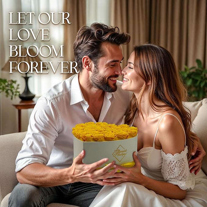 GLAMOUR BOUTIQUE Preserved Roses in a Box - Gifts for Her, Wife & Mom, Rose Flowers Forever Decor for Birthday Gift, Get Well Flower Bouquet Cased in White Box with Cover - Yellow - 27 (Color-Treated)