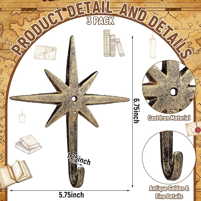 3 Pcs Cast Iron 8 Pointed Atomic Starburst Cute Wall Hooks Mid Century Star Hooks Modern Decor Easy Install Decorative Towel Hook for Coats Aprons Hats Vintage and Eclectic Decor