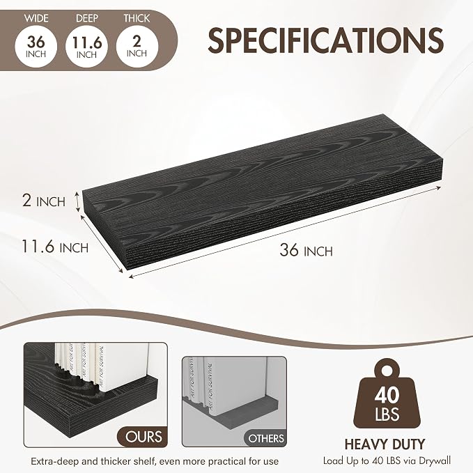 Acovy 36 Inch Floating Shelves, 12" Deep Floating Shelf Wall Mounted, 36" Wall Shelves, Rustic Deep Bookshelf, Extra Deeper & Thicker Display Shelves for Bedroom, Living Room, Black, Set of 2