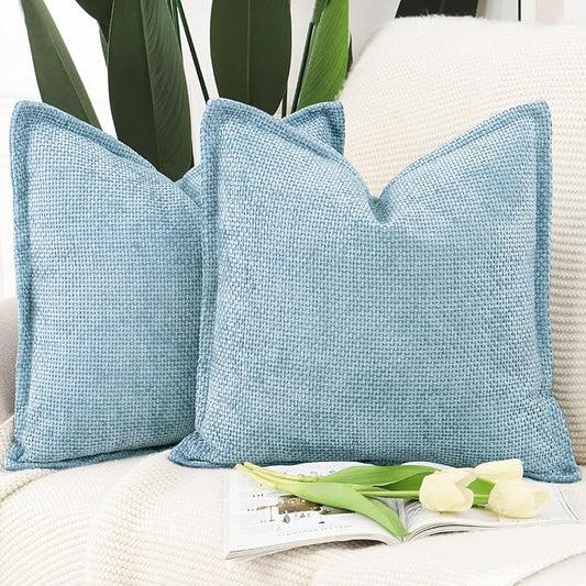 MADIZZ Decorative Chenille Velvet Throw Pillow Covers Set of 2 Soft Boho Textured Neutral Couch Throw Pillow for Bed Modern Farmhouse Home Decor for Sofa Livingroom Light Blue 16x16 Inch