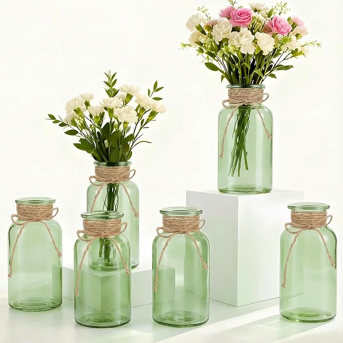 Vintage Glass Flower Vase, Farmhouse Glass Centerpiece Vases Mason Jars for Weddings, Parties & Home Decor Bulk (6,Green)