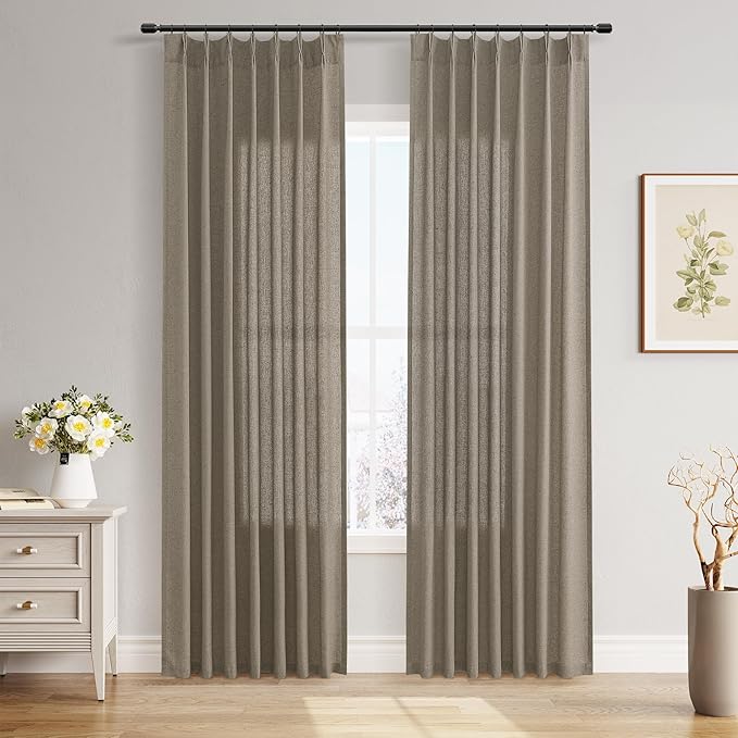 Guken Dark Taupe Pinch Pleated Linen Curtains 84 Inch Length 2 Panels for Living Room Bedroom Modern Farmhouse Boho Window Privacy Curtain Semi Sheer Back Tab Draps with Hooks Rings 84 Inches Long