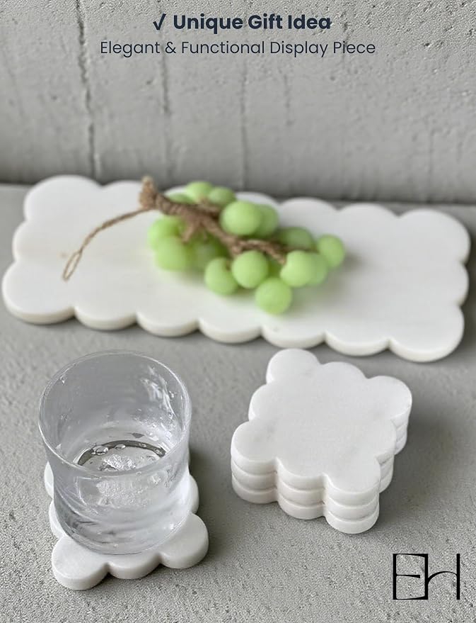 Marble Coasters Set of 4, Handcrafted Drink Protectors, Natural Stone Coaster Bar & Table Decor, Modern Desk Aesthetic Accessories, Non-Slip Luxury Gift (Marble White Square Scalloped)