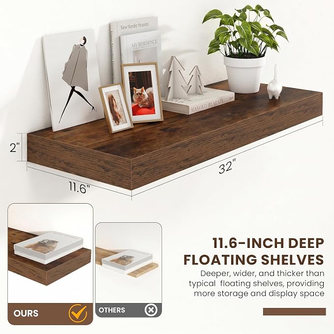 FLYJOE 32 Inch Floating Shelves, 12 Inch Deep Floating Shelves Set of 2, 32''W x 12''D Rustic Brown Wood Shelves for Wall, Bathroom Available, Engineered Wood, Mounting Hardware Included