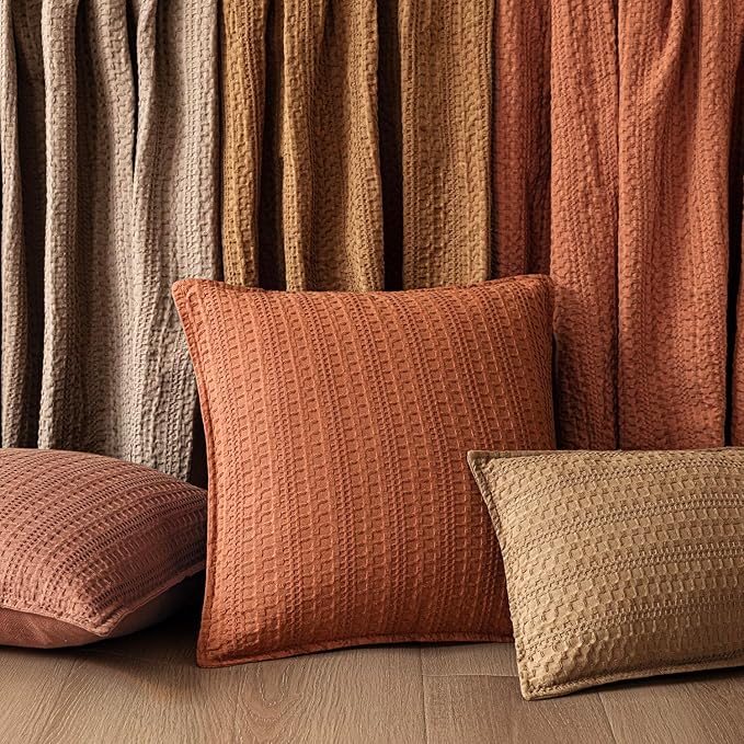 Foindtower Set of 2 Decorative Cotton Waffle Weave Lumbar Throw Pillow Covers Euro Shams Cushion Covers Accent European Pillowcase for Bed Couch Bedroom Living Room Home Decor 12×20 Inch Burnt Orange