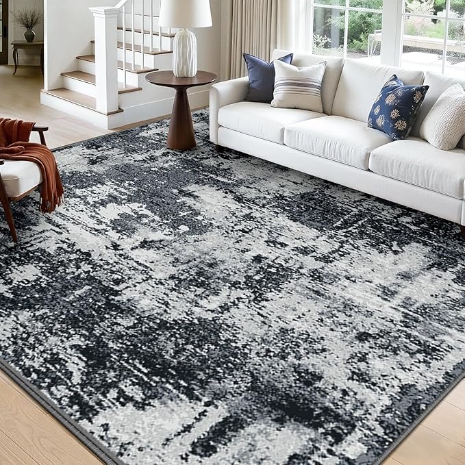 RELEANY Washable Area Rugs 7x10 Non-Slip Modern Abstract Soft for Living Room Entryway Bedroom Nursery, Print Pattern, Black Navy Blue Gray