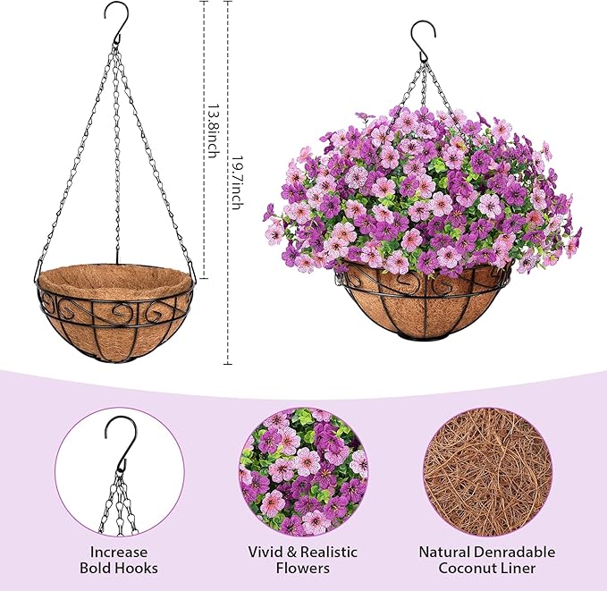 Artificial Fake Hanging Flowers Plants Basket Outdoors, Faux Silk UV Resistant Look Real Daisy Eucalyptus for Spring Summer Garden Porch Home Patio Balcony Yard Decorations, Pink Purple