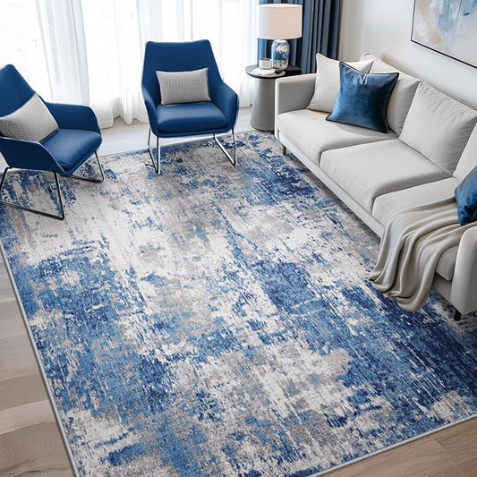 RELEANY Washable Area Rugs 6'x8' Non-Slip Modern Abstract Soft for Living Room Entryway Bedroom Nursery, Print Pattern, Blue Grey Navy Gray