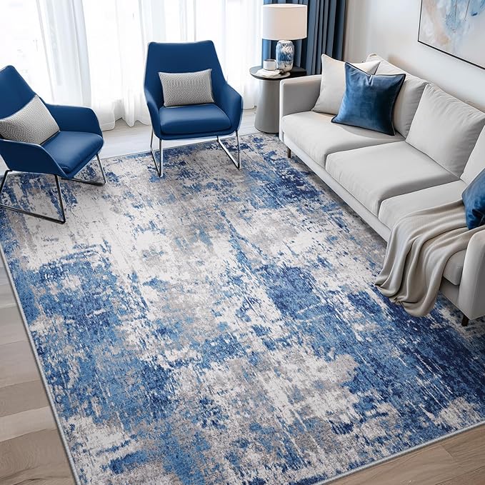RELEANY Washable Area Rugs 4'x6' Non-Slip Modern Abstract Soft for Living Room Entryway Bedroom Nursery, Print Pattern, Blue Grey Navy Gray