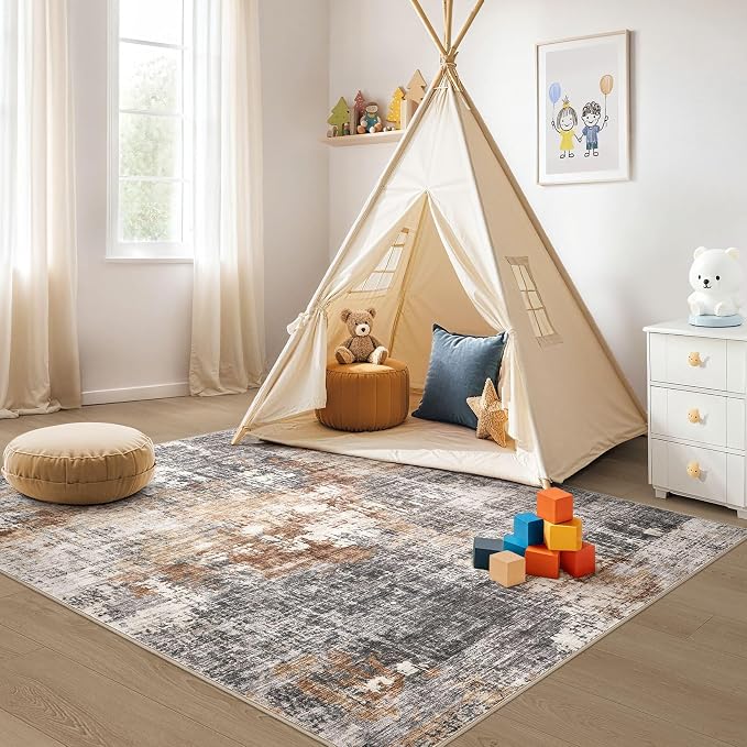 DMOYEST Area Rug Living Room Rugs - 4x6 Abstract Small Soft Indoor Washable Rug Neutral Modern Low Pile Carpet for Bedroom Dining Room Farmhouse Home Office - Grey Brown