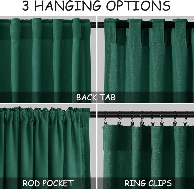 Dark Green Linen Cafe Kitchen Curtains 30 Inch Length Linen Blend Semi Sheer Light Filtering Short Curtain Back Tab Rod Pocket for Over Sink Window Scandinavian Bathroom Laundry 2 Panels 36Wx30L