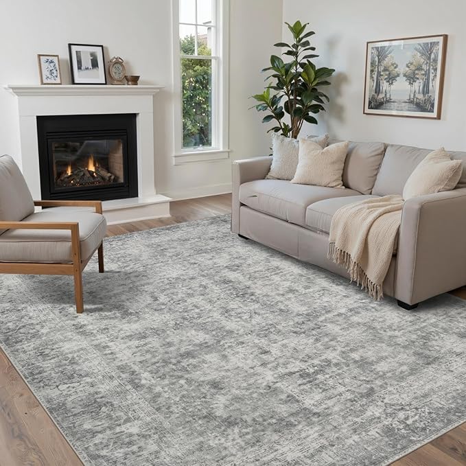 Rugxara 5x7 Area Rugs for Living Room Bedroom, Grey Washable Rug, Neutral Abstract Boho Rug, Non Slip & Low Pile Faux Wool Carpet for Indoor Dining Room and Farmhouse(Grey 5x7ft)