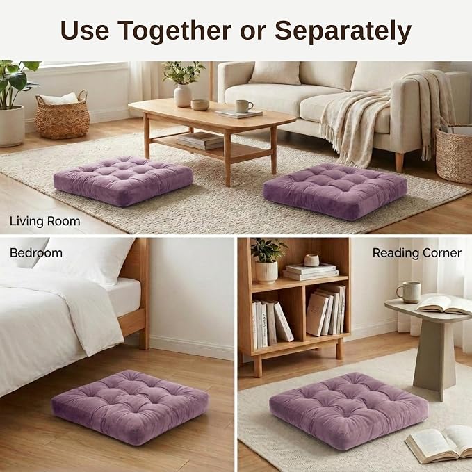 Floor Pillows for Adults Set of 2, Soft Velvet Floor Cushions for Sitting, Square Tufted Floor Pillow Set for Reading Nook, Living Room, Bedroom, 22 x 22 Inch, Lavender