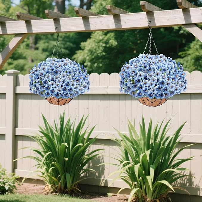 Artificial Hanging Flower for Outdoors, Fake Hanging Basket for Outside,1 Hanging Basket with 13 Pcs Faux Silk Flowers for Porch, Balcony and Patio Decor(Blue)