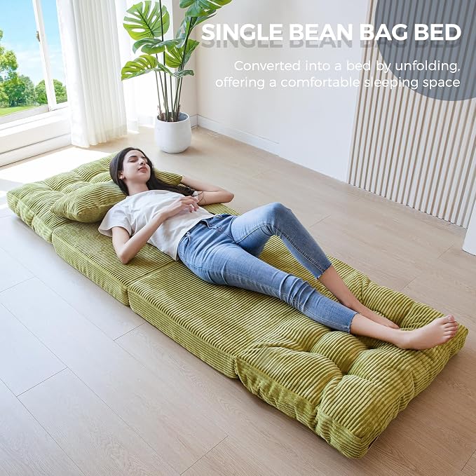 MAXYOYO Folding Sofa Bed, Tufted Bean Bag Bed with Pillows Floor Couch for Adults, Extra Thick and Long Floor Sofa, Single Couch for Bedroom Living Room, Green, 30x91 Inch