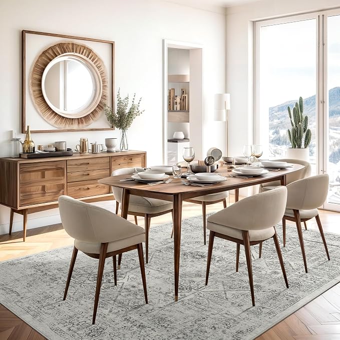 Soalmost 5x7 Area Rugs Grey Low Pile Indoor Washable Trendy Faded Style Floral Rugs for Bedroom Living Room Dining Room Foldable Non-Slip Thin Print Mat