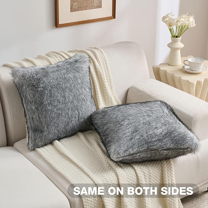 FUTEI Pack of 2 Faux Raccoon Fur Plush Throw Pillow Covers 18x18 Inch Soft Fluffy Farmhouse Decorative Cushion Case Modern Luxury Accent for Couch Bed Living Room, Grey White
