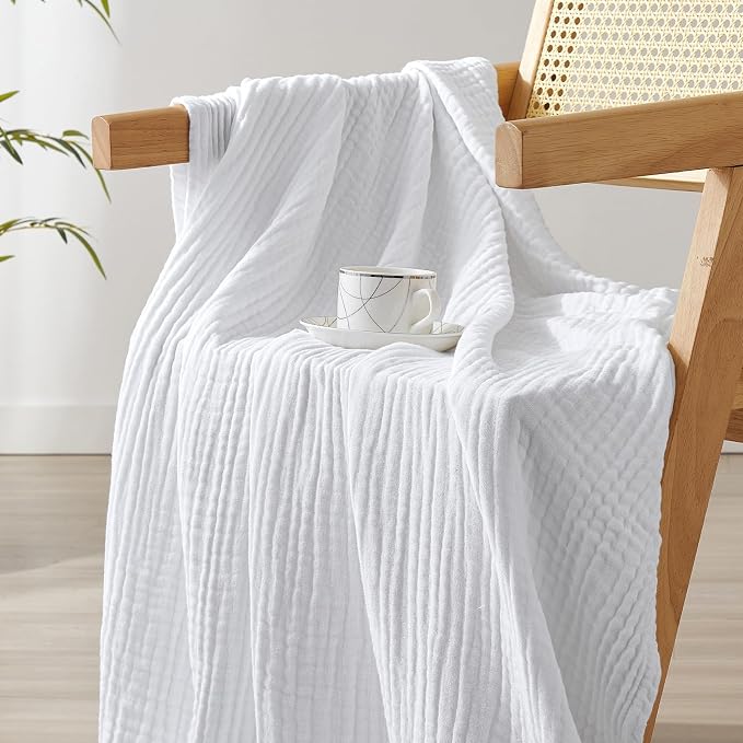 David's Home Soft Muslin Blanket King Size for Adults, 60% Rayon 40% Cotton, Breathable Lightweight Cooling Blanket for Hot Sleepers, 4-Layer Cozy Gauze for Bed, 108"x90", White