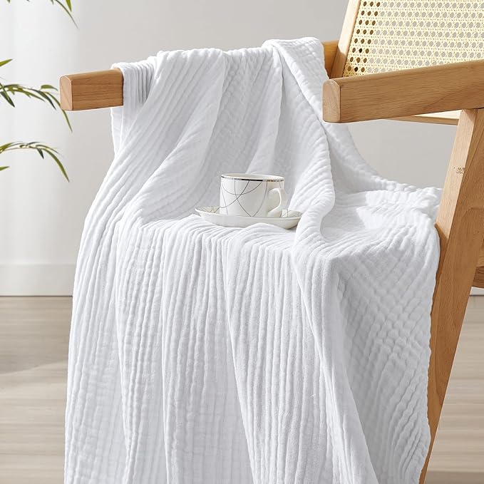 David's Home Soft Muslin Blanket Queen Size for Adults, 60% Rayon 40% Cotton, Breathable Lightweight Cooling Blanket for Hot Sleepers, 4-Layer Cozy Gauze for Bed, 90"x90", White