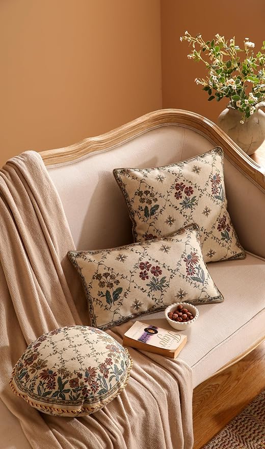 patdrea Vintage Linen Throw Pillow Cover,Diameter 16",Set of 2-Audrey B | French Decorative Pillow Case with Zipper,Brown Floral Pattern,Pillow Cover for Couch Living Room Bedroom Sofa