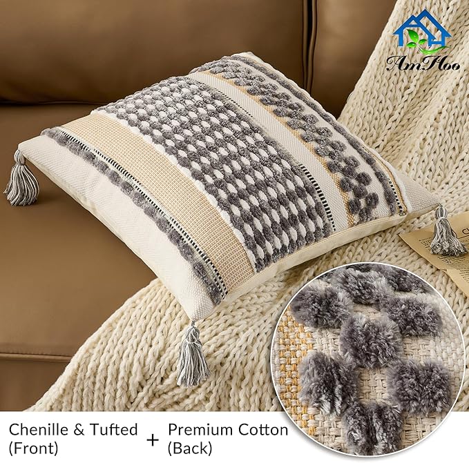 AmHoo Set of 2 Chenille Striped Textured Boho Throw Pillow Covers Aesthetic with Tassels Woven Decorative Pillow Case for Couch Bed Sofa Bedroom Modern Funky 18 x 18-Inch Grey White