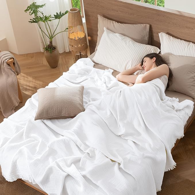 MooMee Muslin Blanket - 100% Cotton 4-Layer Gauze Throw Blanket with All-Around Fringe, Soft Breathable Lightweight Cooling Summer Blankets for Bed Couch (Bright White,Throw XL 50" x 70")