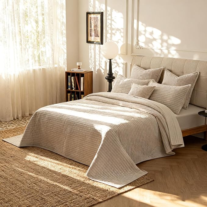 Luxury Velvet Oversized King 120x120 in Quilt Set 3 Piece Quilted Bedspread with 2Pillow Shams(20x36) Ultra Soft Coverlet All Season Bedding for Farmhouse Modern Bedroom Sofa,Cream