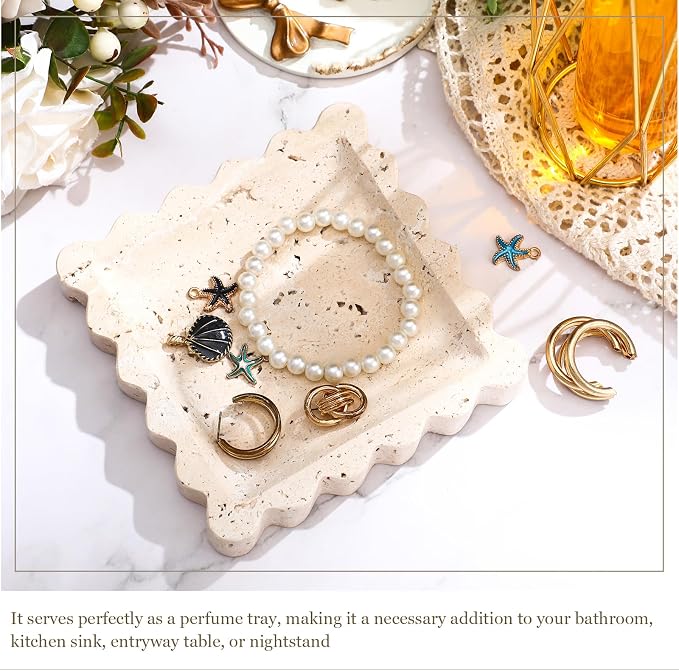 Threehoney 5.5 Inch Small Travertine Stone Tray Marble Jewelry Dish Trinket Tray for Women, Perfume, Coffee Table(Square,Scallop)