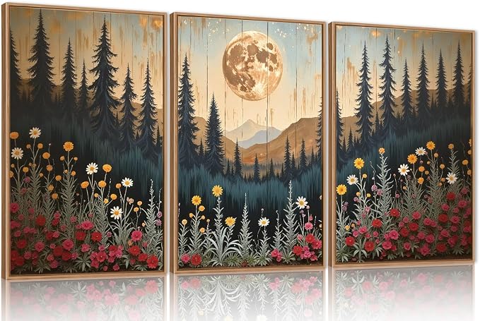 Vintage Moon Forest Framed Canvas Wall Art Set 24"X36"X3 | Wildflower Mountain Nature Pine Tree Colorful Floral Midnight Art Prints Living Room Bedroom Office