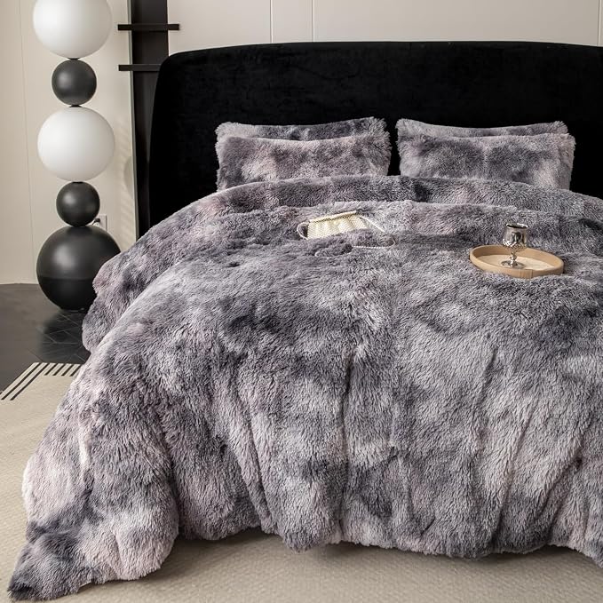 chovy Faux Fur Tie-Dyed Black Gray White Colorful Comforter Sets King - 3PC Bed Set Ultra Soft Plush Flannel Velvet Fluffy Fuzzy Bedding（Comforter x 1 Pillowcases x 2）