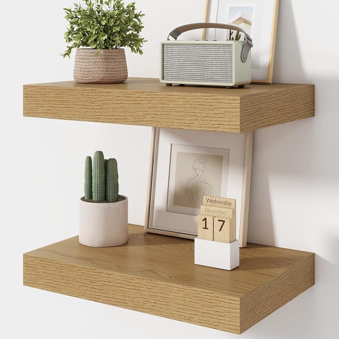 FLYJOE 20 Inch Floating Shelves, 12 Inch Deep Floating Shelves Set of 2, 20''W x 12''D Oak Shelves for Wall, Bathroom Available, Engineered Wood, Mounting Hardware Included
